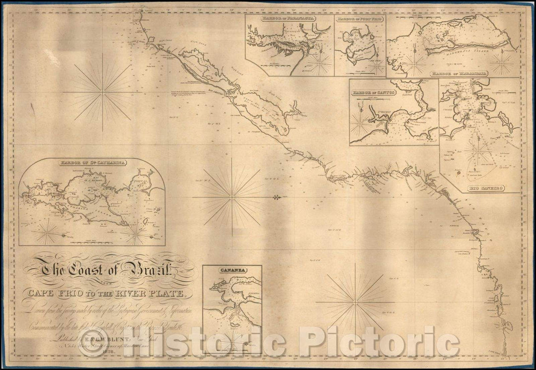 Historic Map - The Coast of Brazil from Cape Frio to the River Plate, 1828, E & GW Blunt - Vintage Wall Art