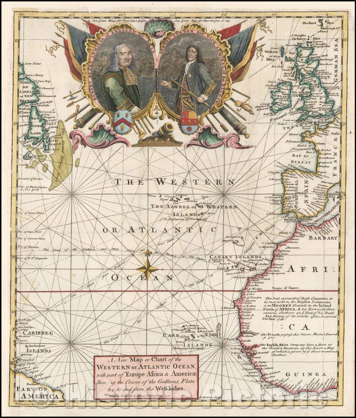 Historic Map - A New Map or Chart of The Western or Atlantic Ocean with Part of Europe, Africa & America: Shewing the Course of the Galleons, Flota, 1740 - Vintage Wall Art