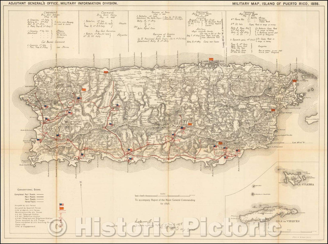 Historic Map - Military Map, Island of Puerto Rico, 1898, United States War Dept. - Vintage Wall Art