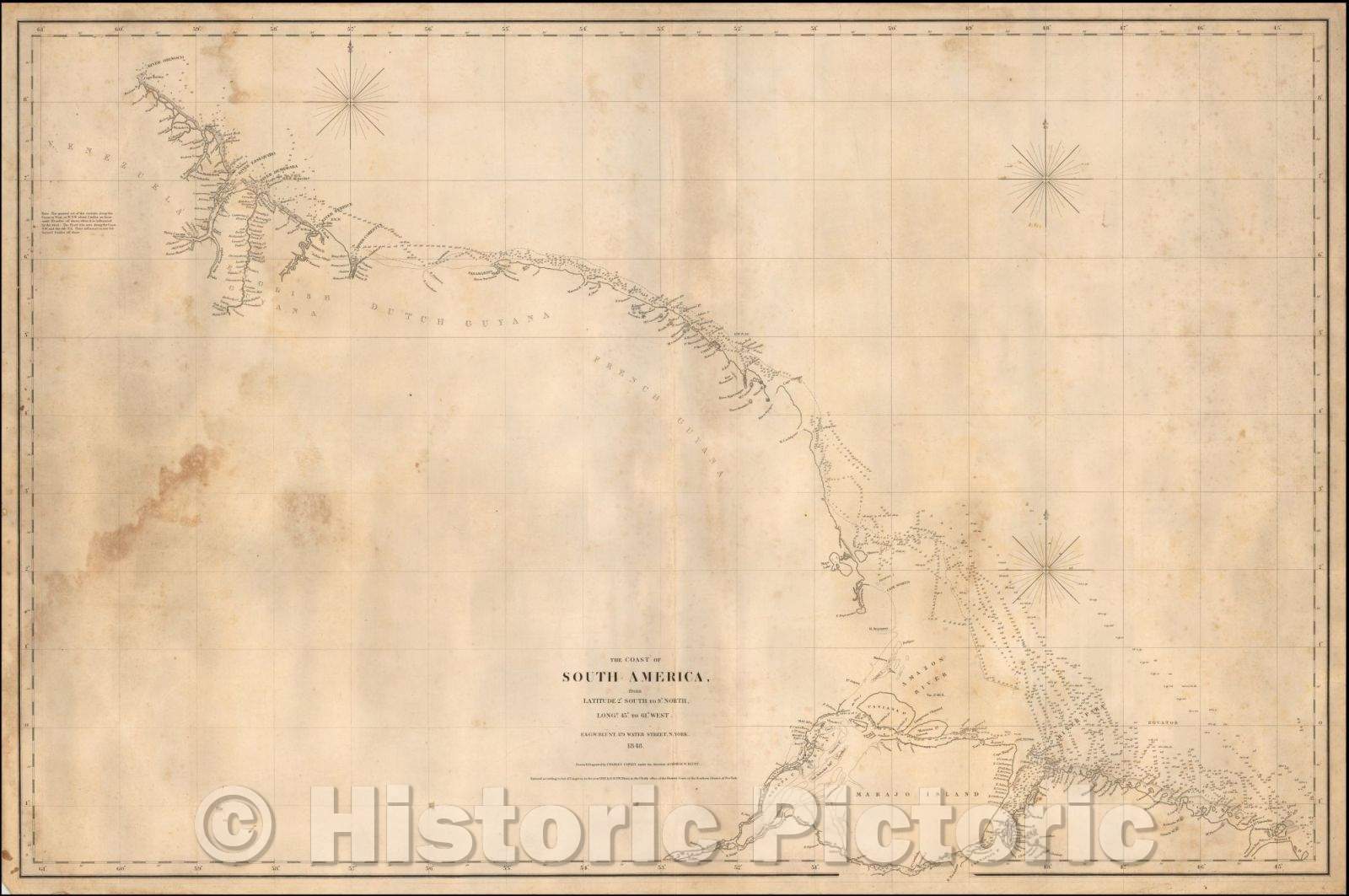 Historic Map - The coast of South America, from latitude 2? south to 9? north, long. 45? to 61? west, 1848, E & GW Blunt - Vintage Wall Art