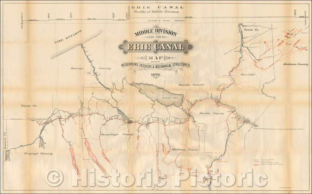 Historic Map - Middle Division of the Erie Canal. Map Showing Its Reservoirs, Feeders & Mechanical Structures, 1892, James B. Lyon - Vintage Wall Art