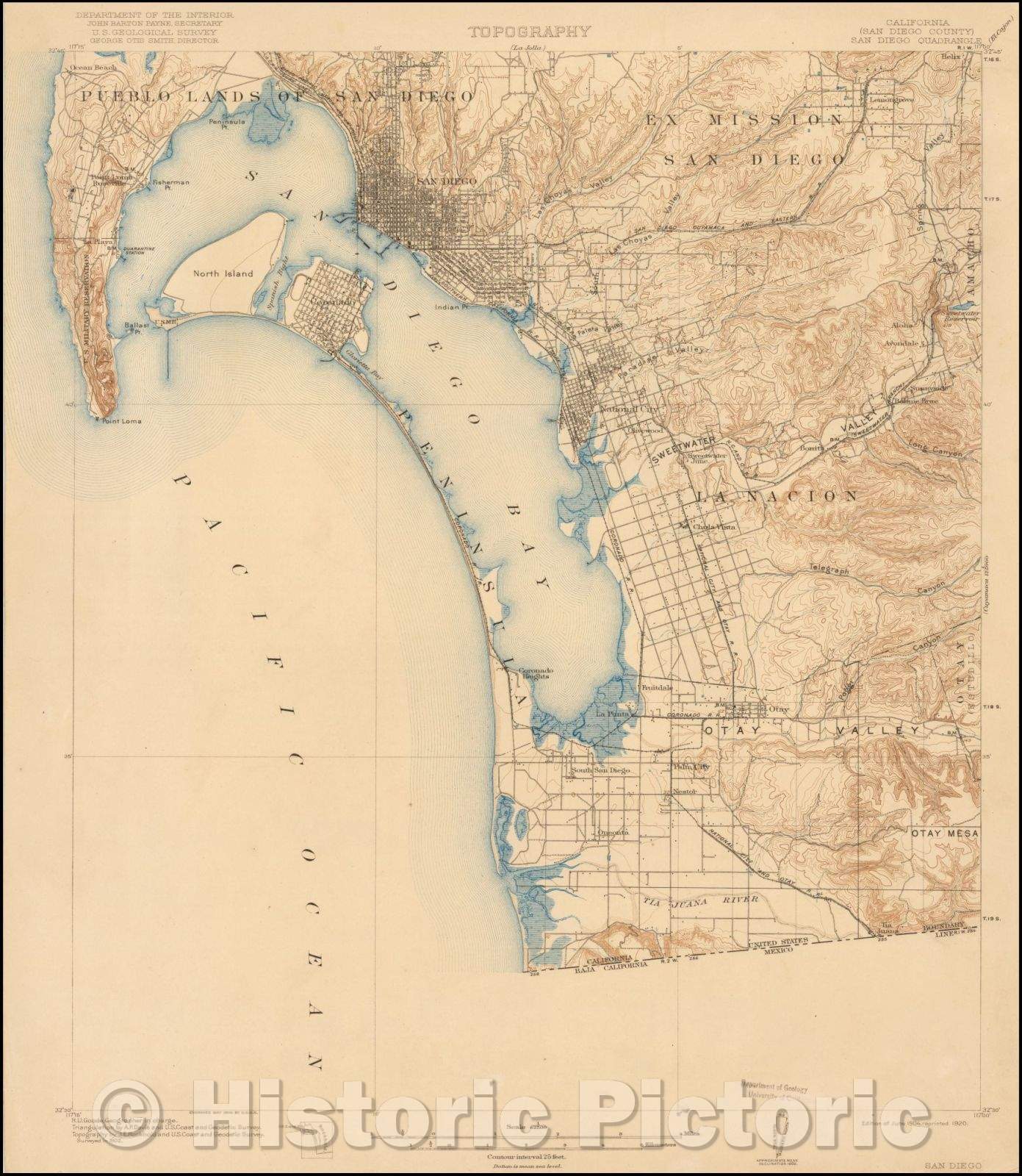 Historic Map - San Diego Quadrangle, 1920, U.S. Geological Survey - Vintage Wall Art