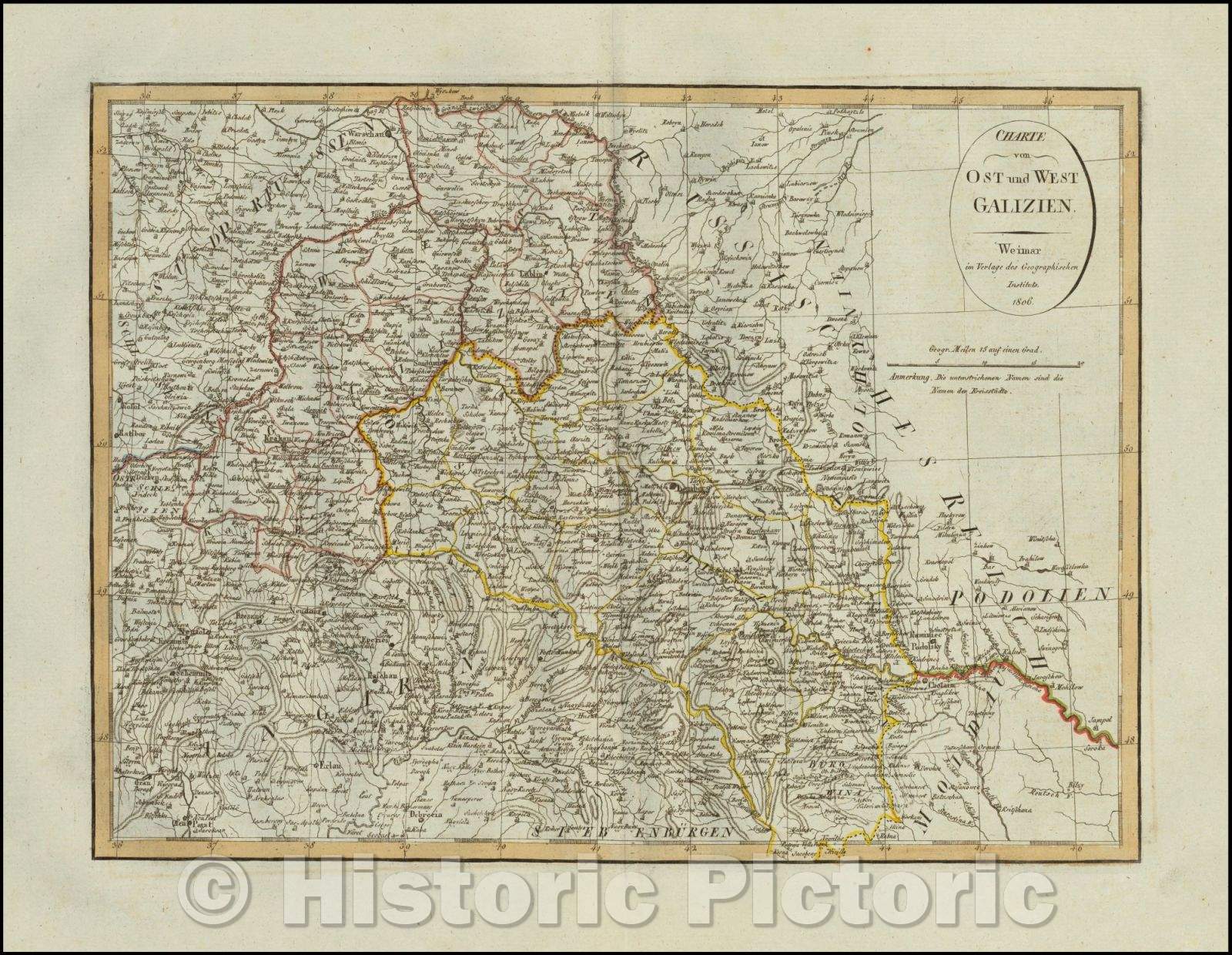 Historic Map - Charte von Ost und West Galizien/Map of Eastern and Western Galizia in Poland, published in Weimar in 1806, 1806 - Vintage Wall Art