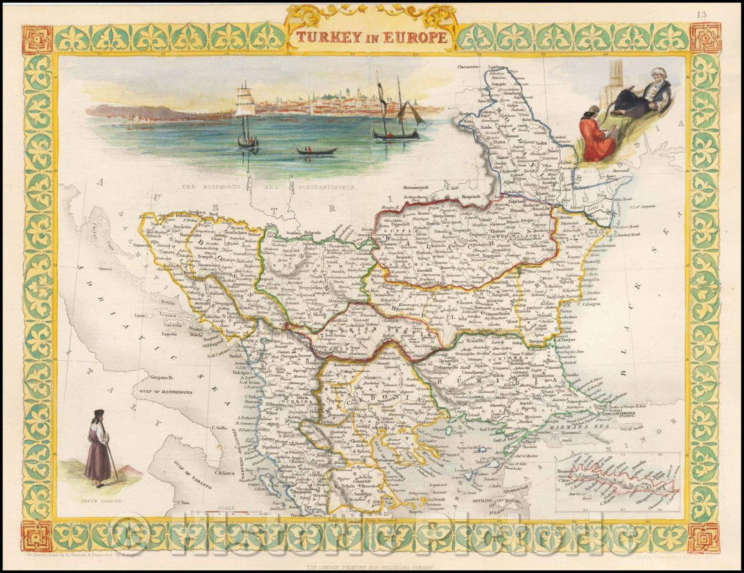 Historic Map - Turkey in Europe, 1851, John Tallis - Vintage Wall Art