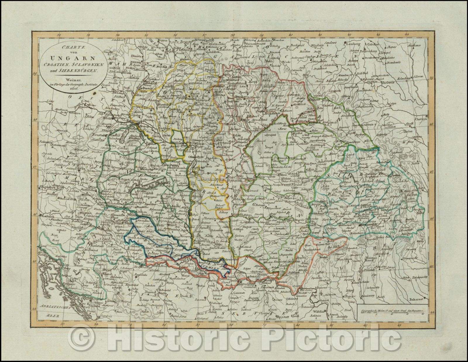 Historic Map - Charte von Ungarn Croatien, Sclavonien und Siebenburgen :: Croatia, Slovenia, Siebenberg and part of Hungary, published in Weimar in 1806, 1806 - Vintage Wall Art