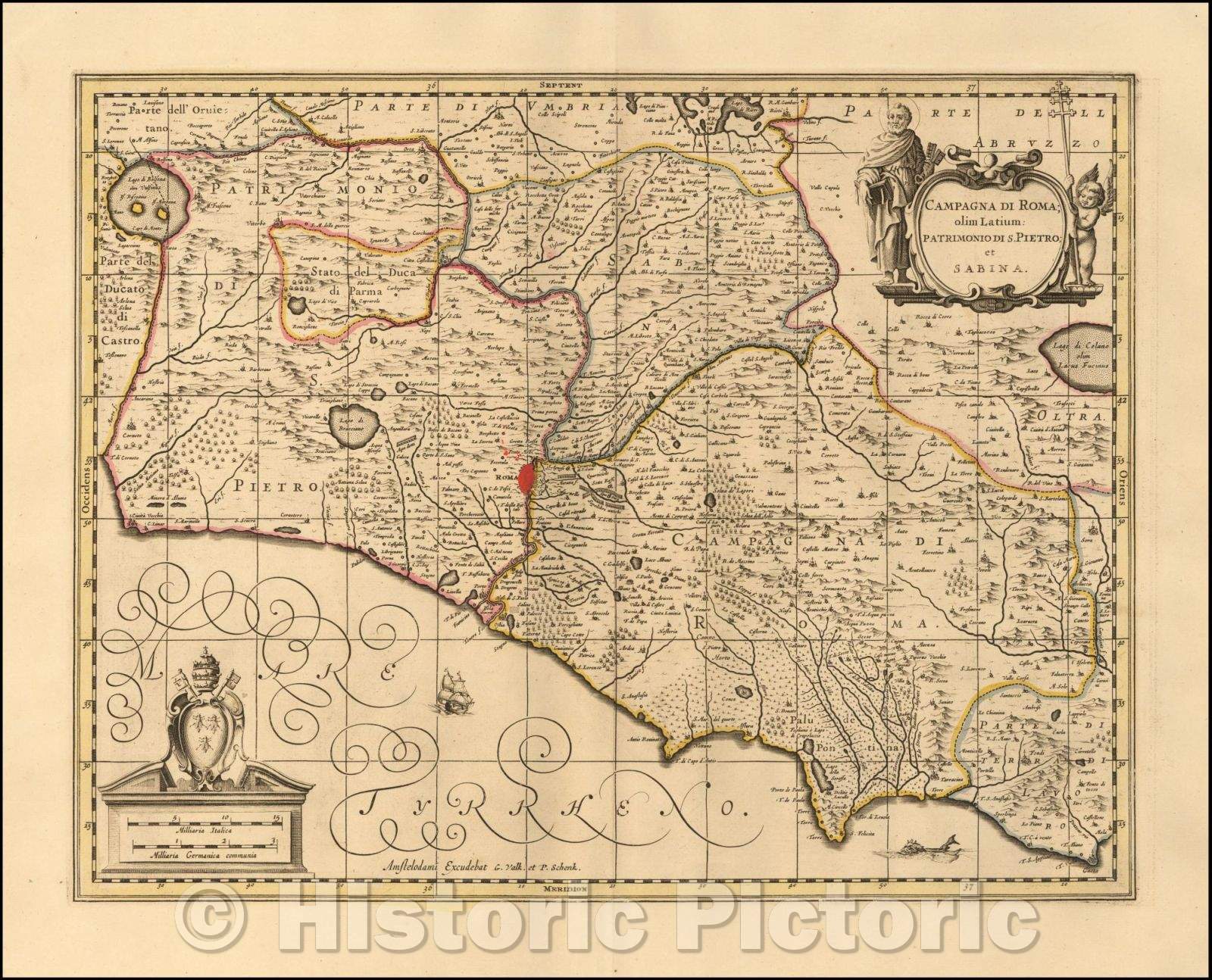 Historic Map - Campagna di Roma, olim Latium: Patrimonio Di S. Pietro; et Sabina/Map of Campagna di Roma and Sabina,centered on Rome, 1690, Peter Schenk - Vintage Wall Art