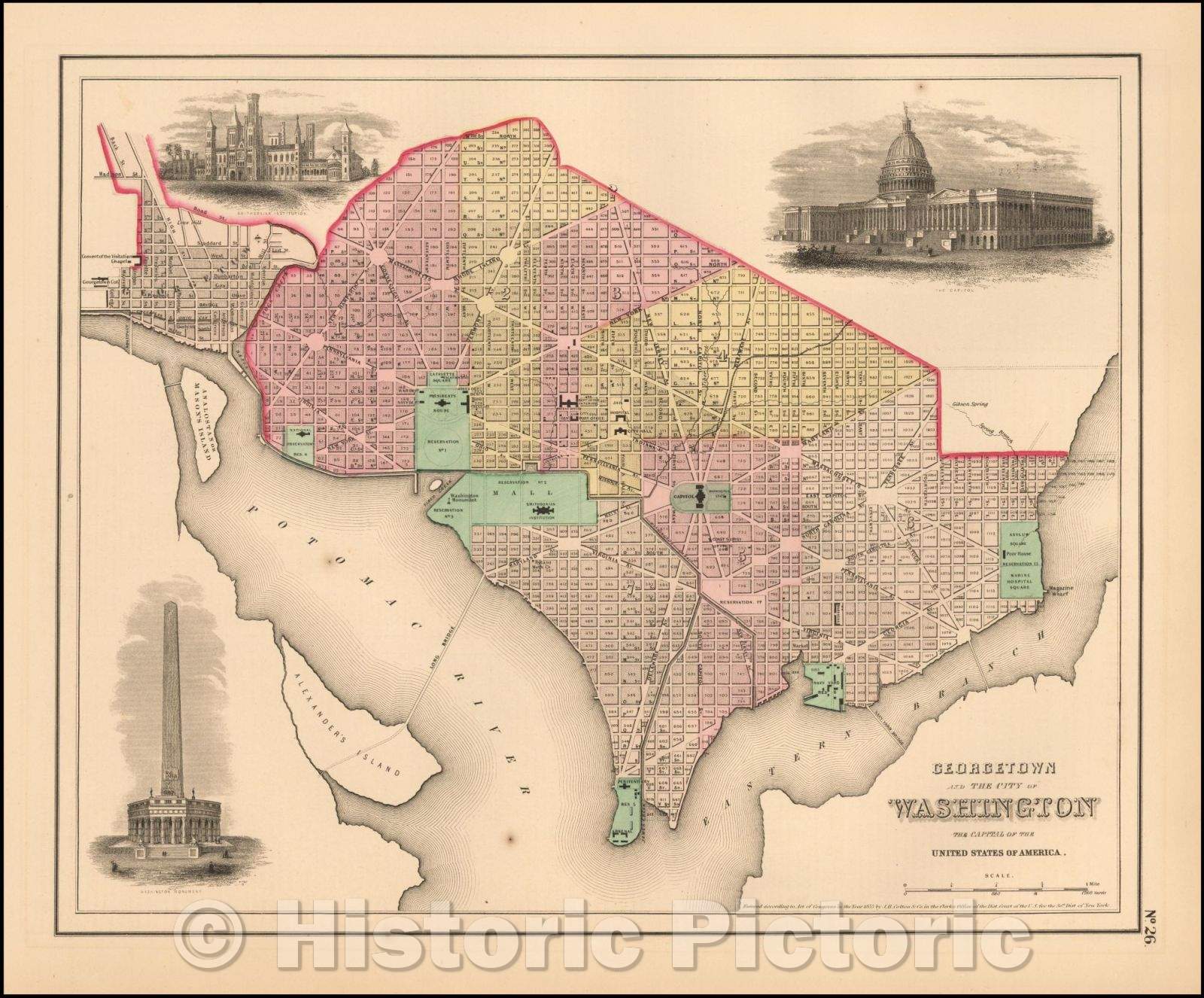 Historic Map - Georgetown And The City Of Washington The Capitol of the United States of America, 1857, Joseph Hutchins Colton - Vintage Wall Art