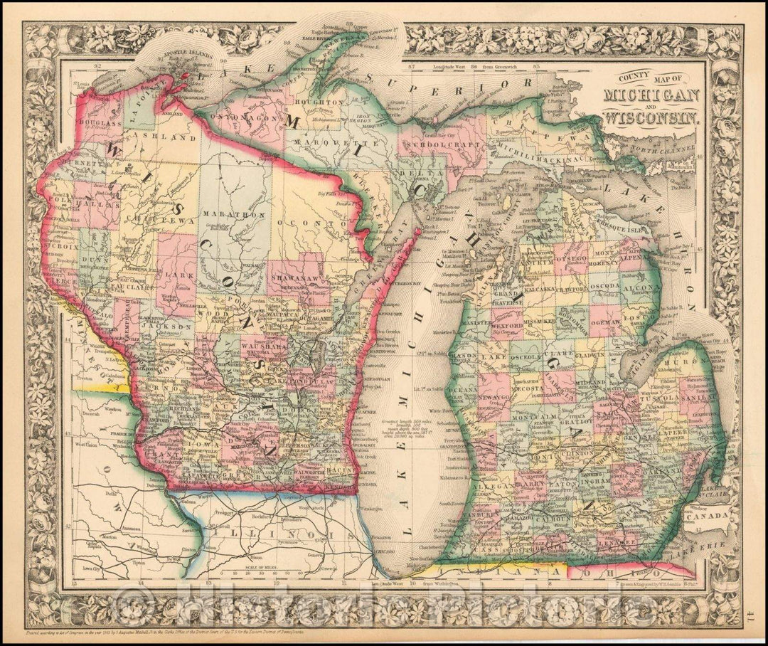 Historic Map - County Map of Michigan and Wisconsin, 1864, Samuel Augustus Mitchell - Vintage Wall Art