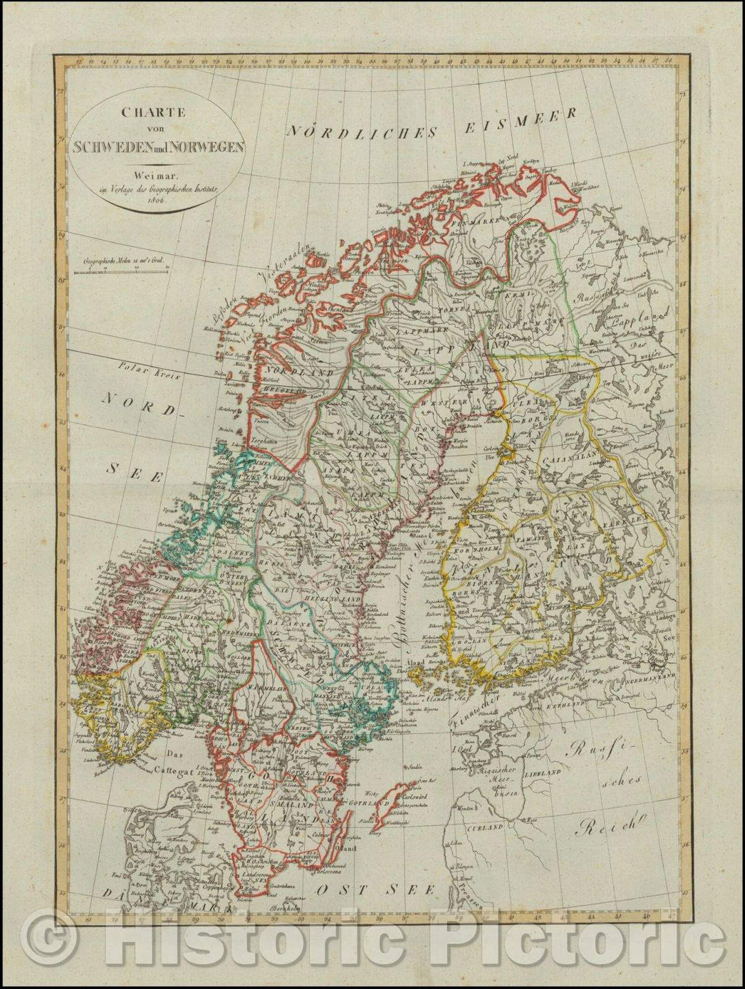 Historic Map - Charte von Schweden und Norwegen/Map of Scandinavia, published in Weimar in 1806, 1806, Weimar Geographische Institut - Vintage Wall Art