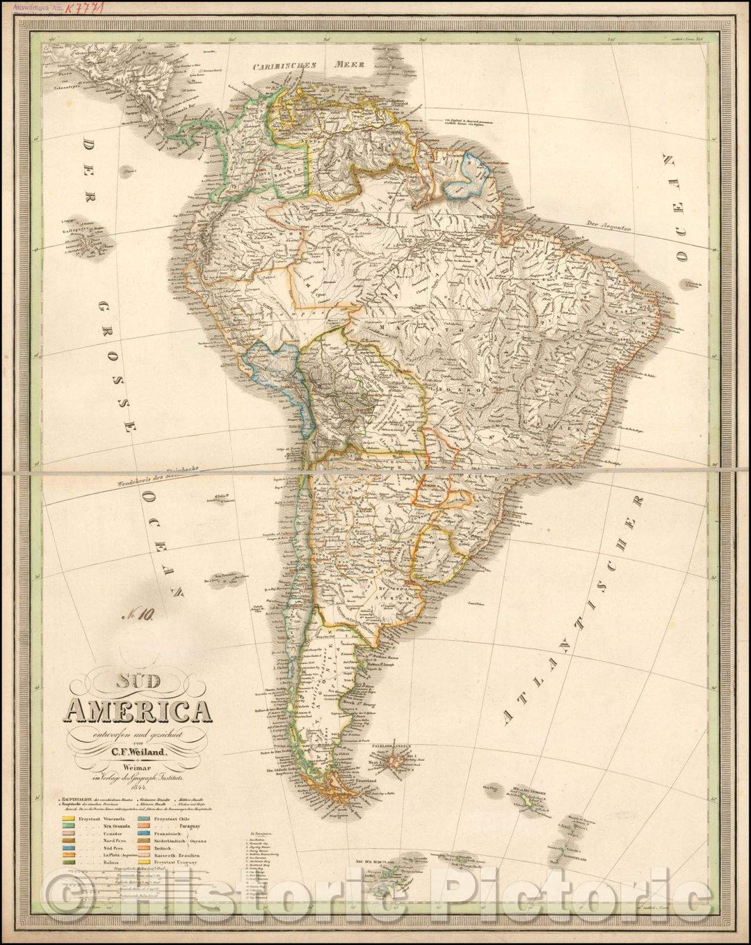 Historic Map - Sud America entworfen und gezeichnet von C.F. Weiland :: South America, colored by the newly formed independent nations of South America, 1844 - Vintage Wall Art