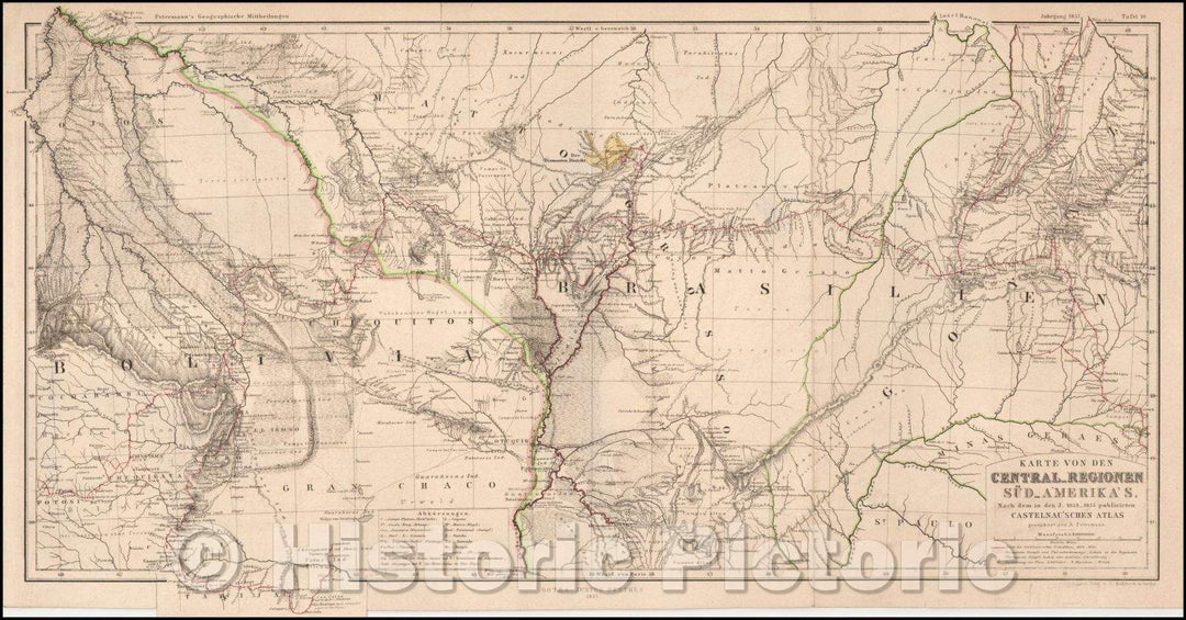 Historic Map - Karte von den Central-Regionen Sud-Amerika's. / Map of Bolivia and a portion of Brazil, 1857, Augustus Herman Petermann - Vintage Wall Art