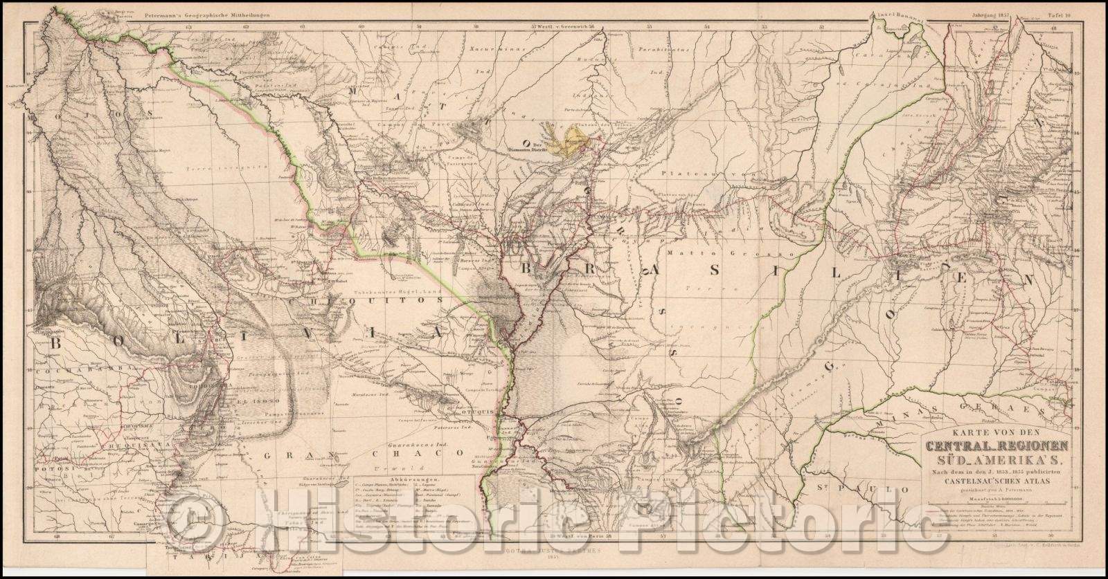 Historic Map - Karte von den Central-Regionen Sud-Amerika's. / Map of Bolivia and a portion of Brazil, 1857, Augustus Herman Petermann - Vintage Wall Art