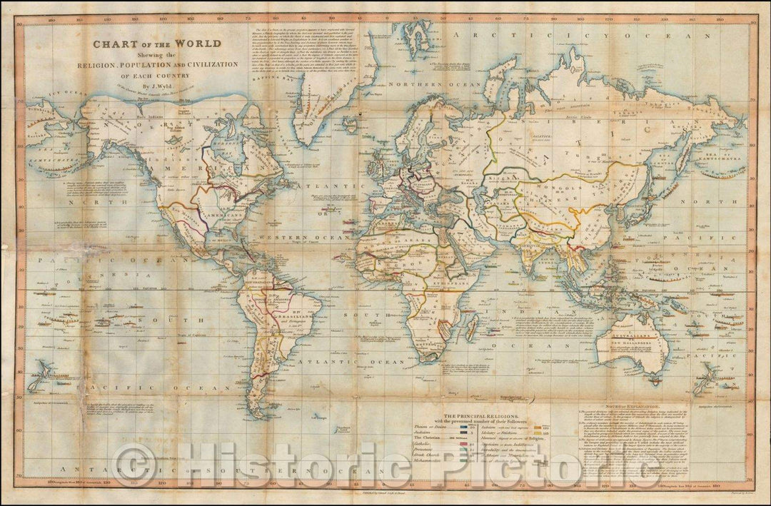 Historic Map - Chart of the World Shewing the Religion, Population and Civilization of Each Country, 1818, James Wyld - Vintage Wall Art