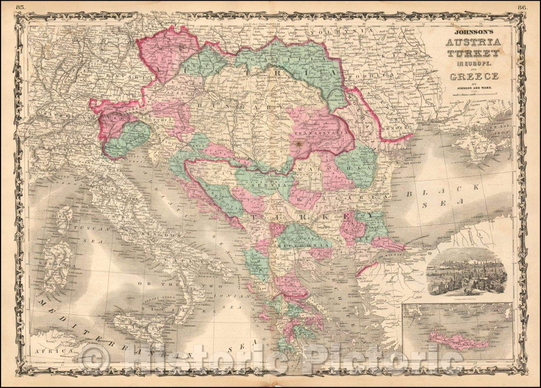 Historic Map - Johnson's Austria Turkey in Europe and Greece, 1872, Benjamin P Ward - Vintage Wall Art