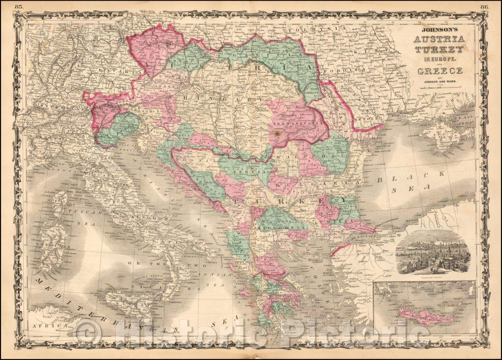 Historic Map - Johnson's Austria Turkey in Europe and Greece, 1872, Benjamin P Ward - Vintage Wall Art