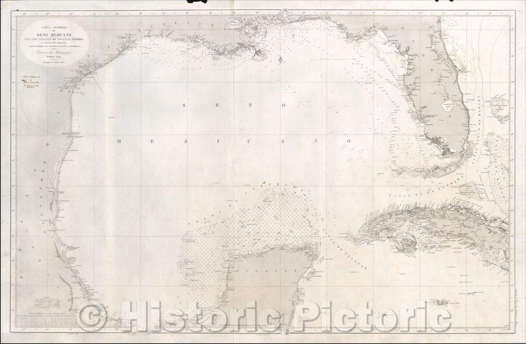 Historic Map - Carta General Del Seno Mejicano Con Los Canales De Yucatan, Florida y Nuevo De Bahama, 1869, Direccion Hidrografica de Madrid - Vintage Wall Art