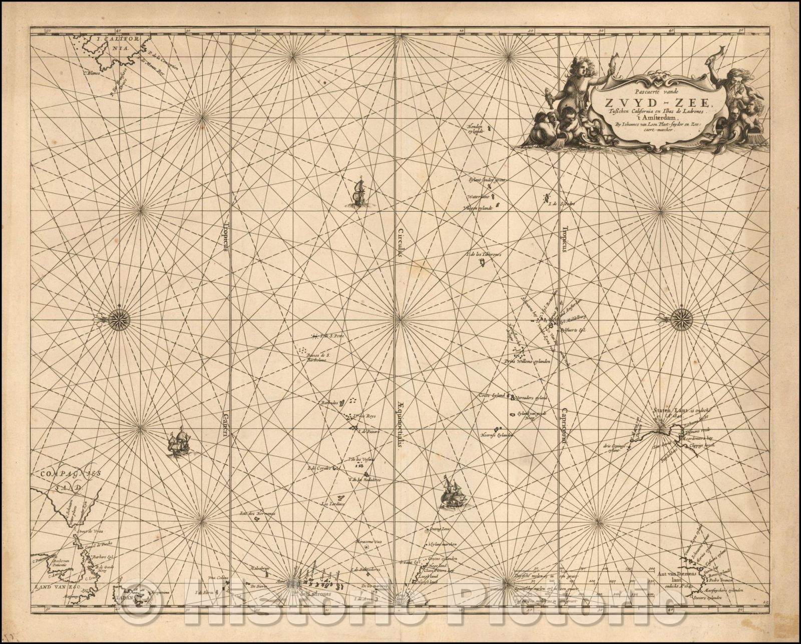 Historic Map - Pascaerte vande Zuyd-Zee, tusschen California, en Ilhas de Ladrones/Johannes Van Loons' Sea Chart of the Pacific Ocean, 1666 - Vintage Wall Art