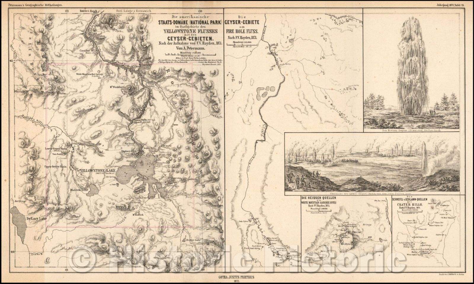 Historic Map - Die amerikanische Staats-Domane National Park im Quellgebiete des Yellowstone Flusses mit den Geyser-Gebieten Nach der Aufnahme, 1872 - Vintage Wall Art