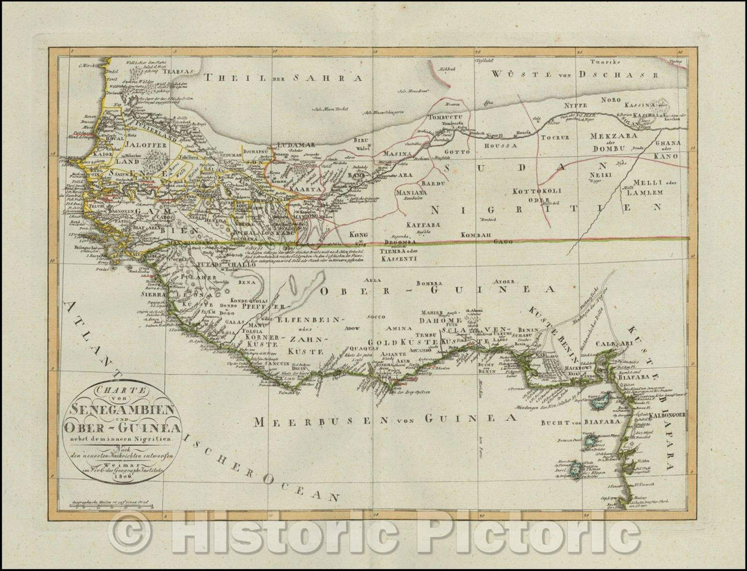 Historic Map - Charte von Senegambaien und Ober-Guinea nebst deminnern Nigritien/Map of a portion of West Africa, published in Weimar in 1806, 1806 - Vintage Wall Art