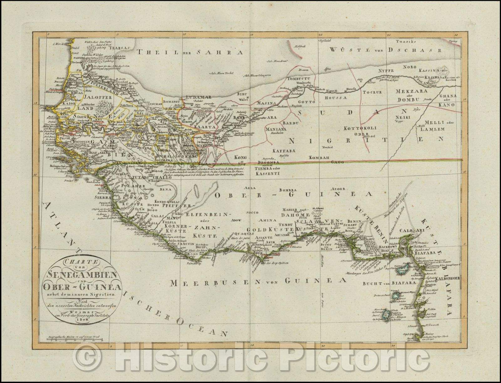 Historic Map - Charte von Senegambaien und Ober-Guinea nebst deminnern Nigritien/Map of a portion of West Africa, published in Weimar in 1806, 1806 - Vintage Wall Art