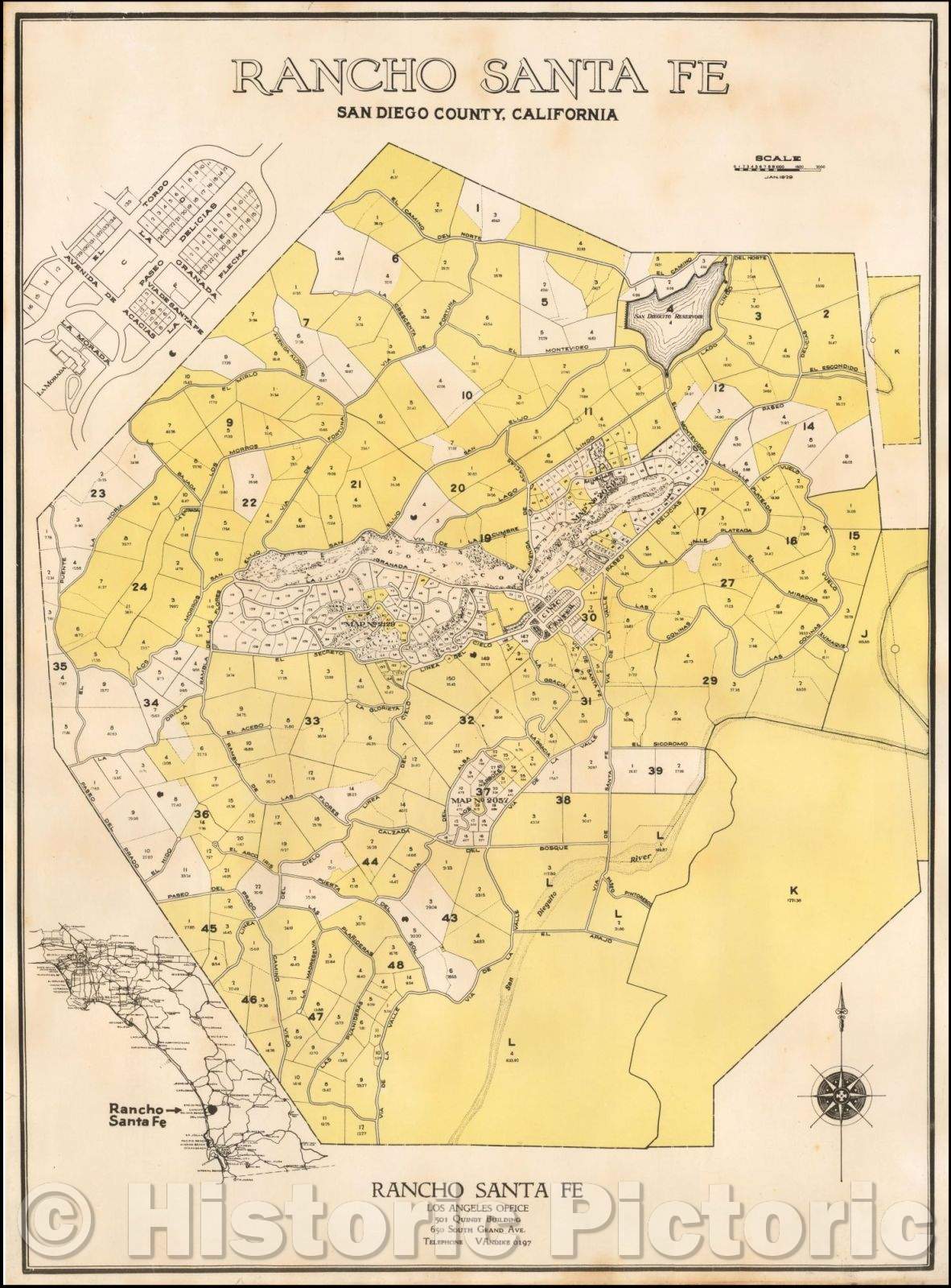 Historic Map - Rancho Santa Fe San Diego County, California, 1929, - Vintage Wall Art