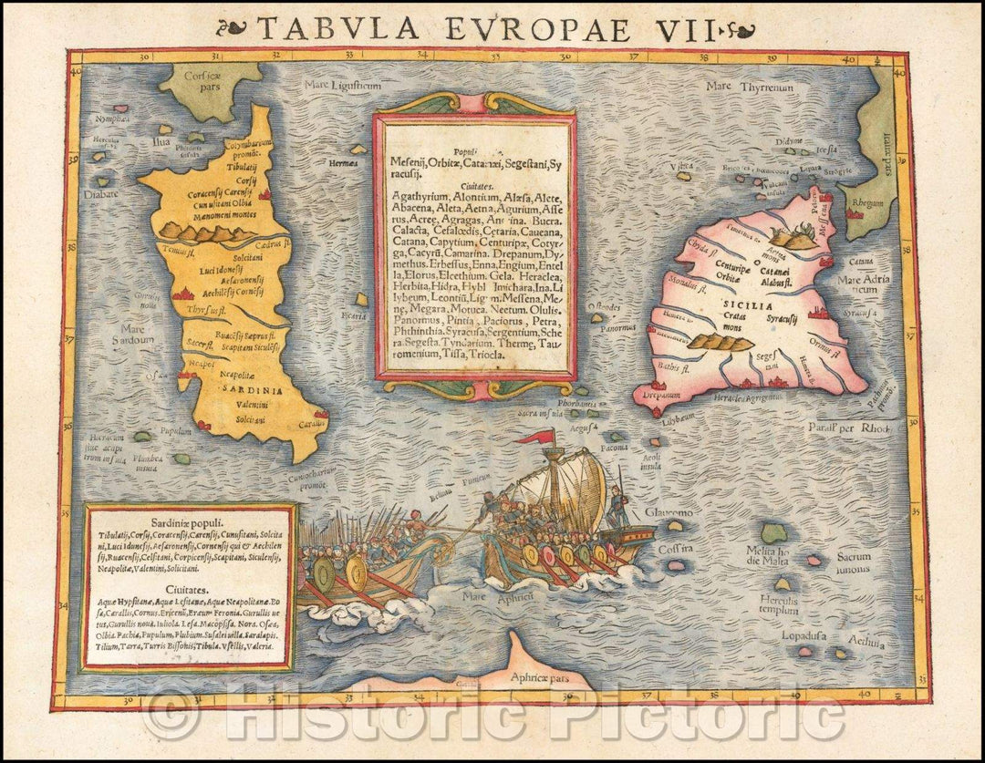 Historic Map - Europae Tabula VII [Sicily, Sardinia, Malta] / Ptolomaic Map of Sicily, Sardinia, Malta, 1545, Sebastian M?nster - Vintage Wall Art