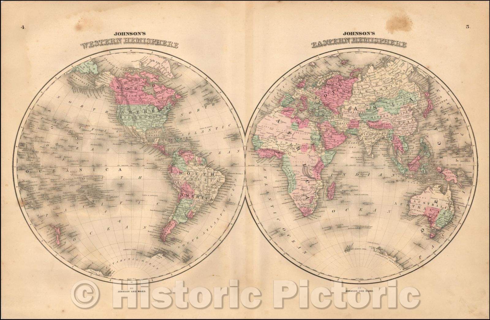 Historic Map - Johnson's Western Hemisphere & Johnson's Eastern Hemisphere, 1865, Benjamin P Ward - Vintage Wall Art