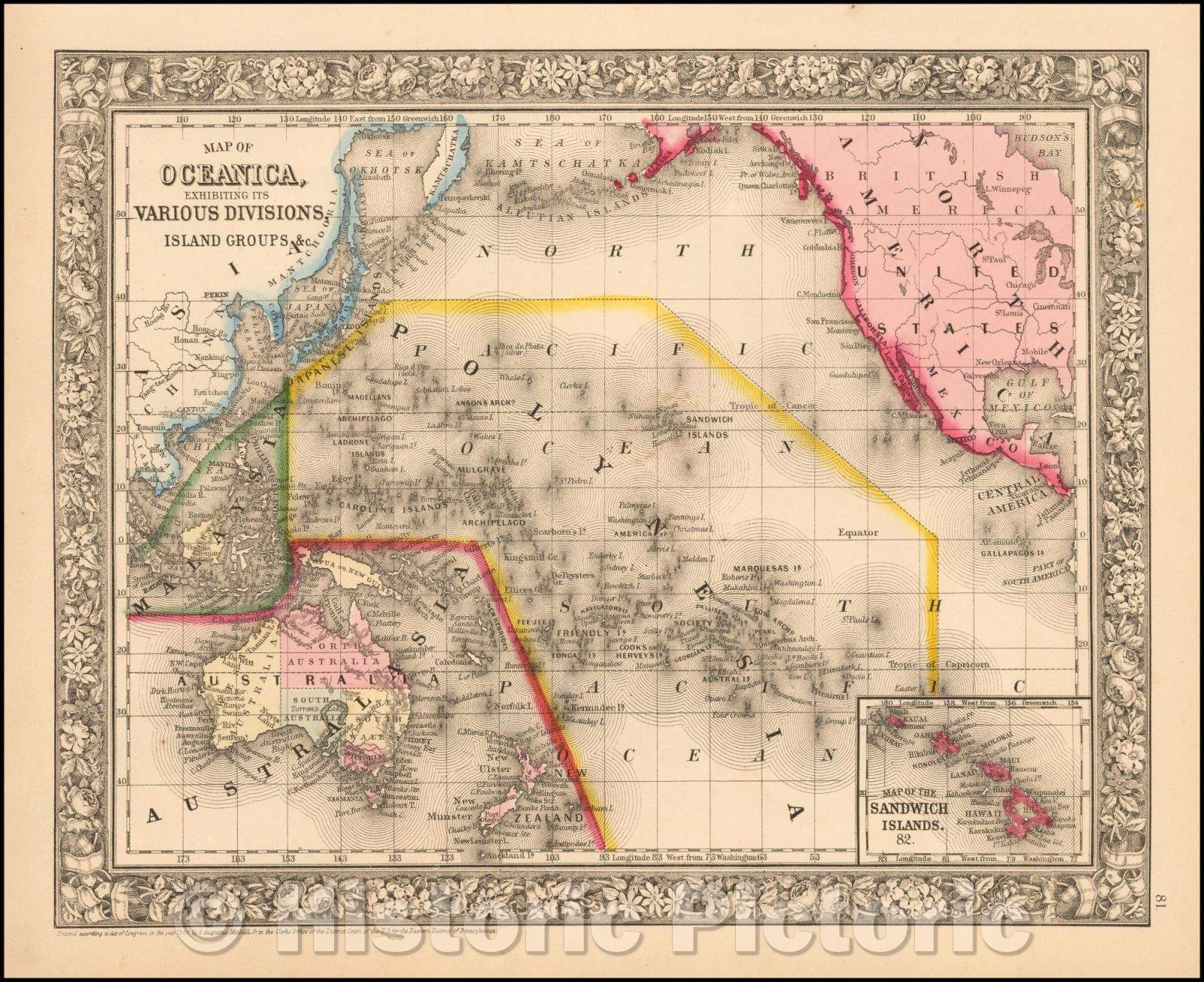 Historic Map - Map of Oceanica, Exhibiting its Various Divisions, Island Groups, 1864, Samuel Augustus Mitchell Jr. - Vintage Wall Art