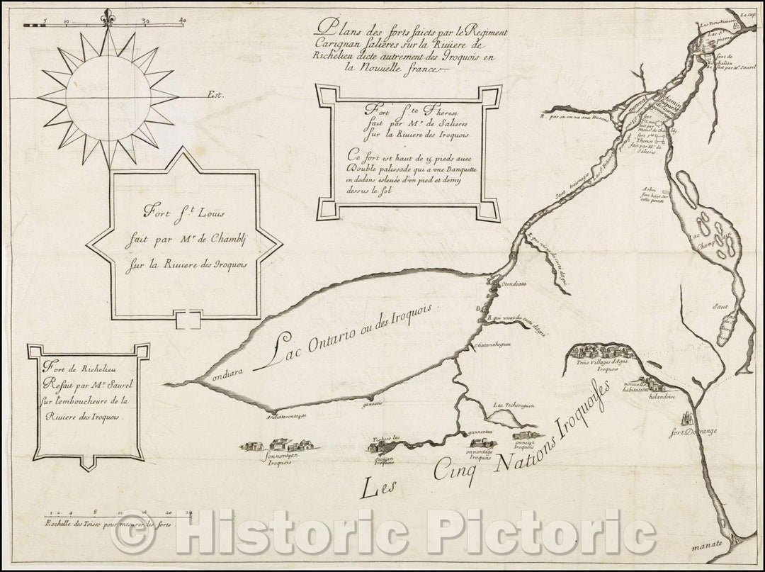 Historic Map - Plans des forts faicts par le Regiment Carignan Salieres sur la Riviere de Richelieu dicte aut :: Iroquois Country, northeastern North America, 1666 - Vintage Wall Art