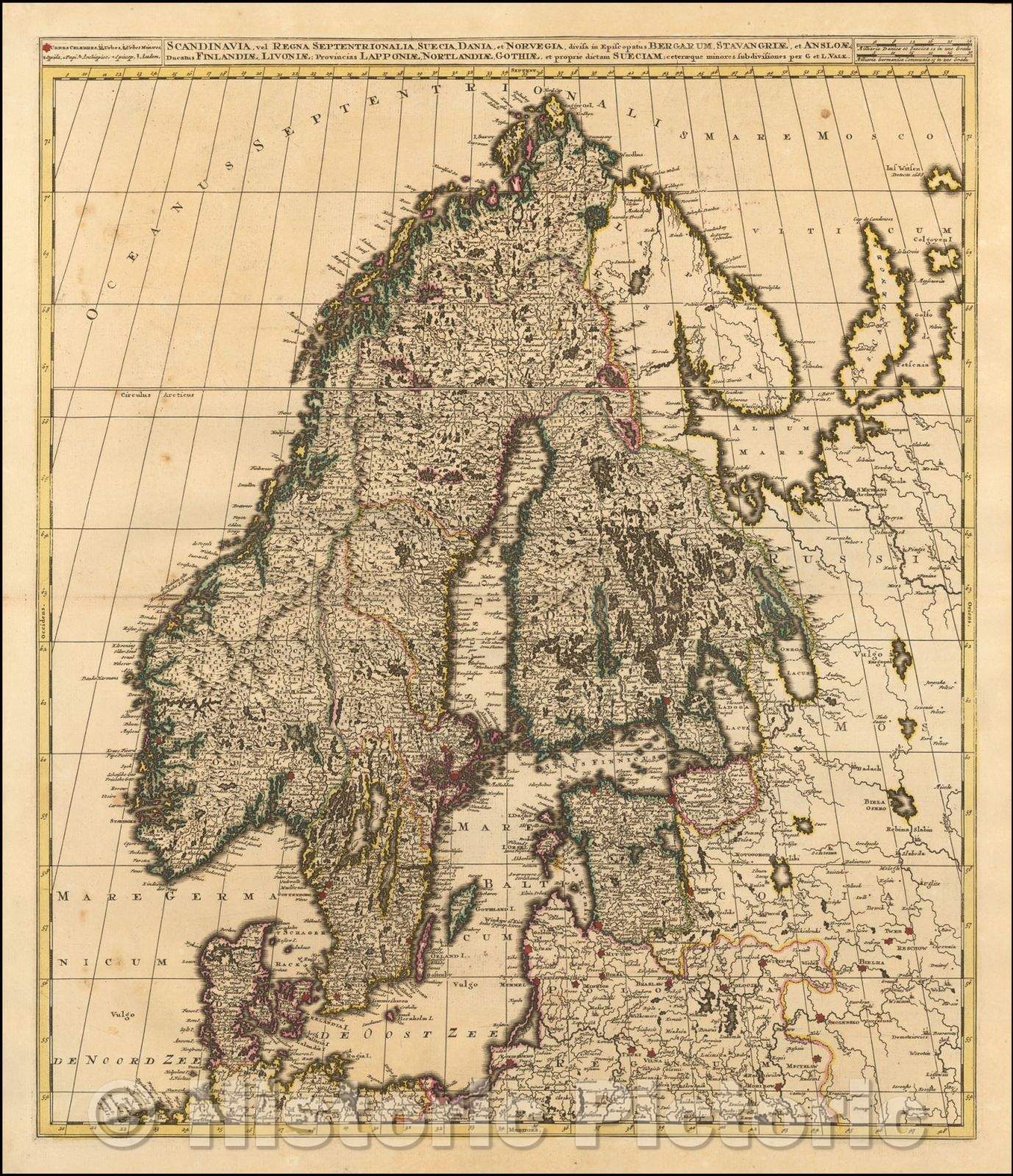 Historic Map - Scandinavia, vel Regna Septentrionalia, Suecia, Dania et Norvegia, divisa :: Scandinavia, Finland and the Baltic Region, published by Valk, 1690 - Vintage Wall Art