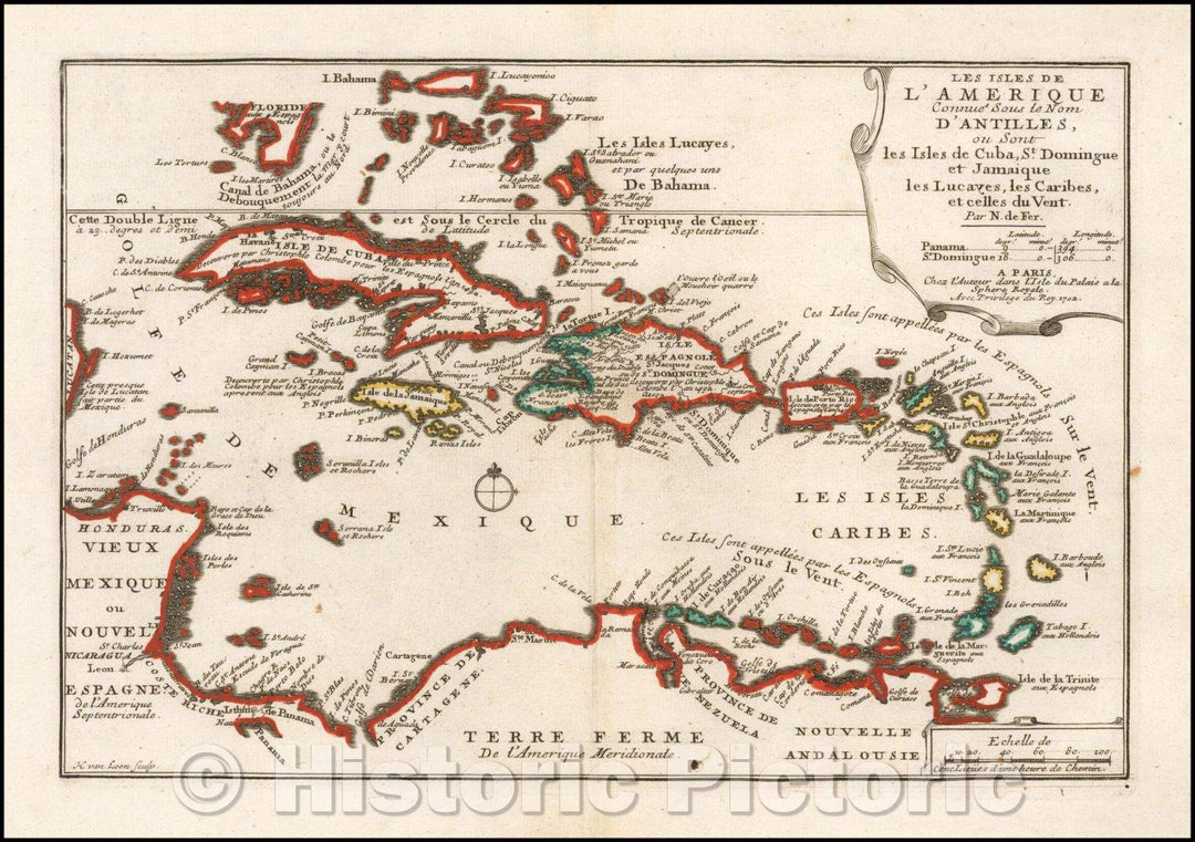 Historic Map - Les Isles De L'Amerique Connues Sous le Nom D'Antilles, ou Sont les Isles de Cuba, St. Domingue et Jamaique les Lucayes, les Caribes, 1702 - Vintage Wall Art