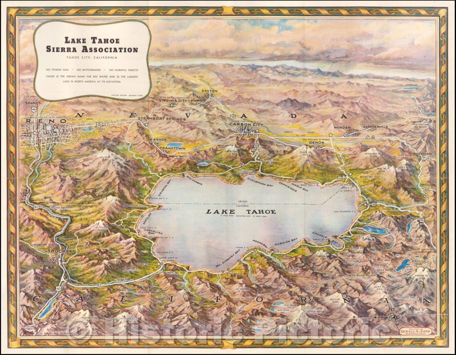 Historic Map - Lake Tahoe, 1945, Gerald A. Eddy - Vintage Wall Art