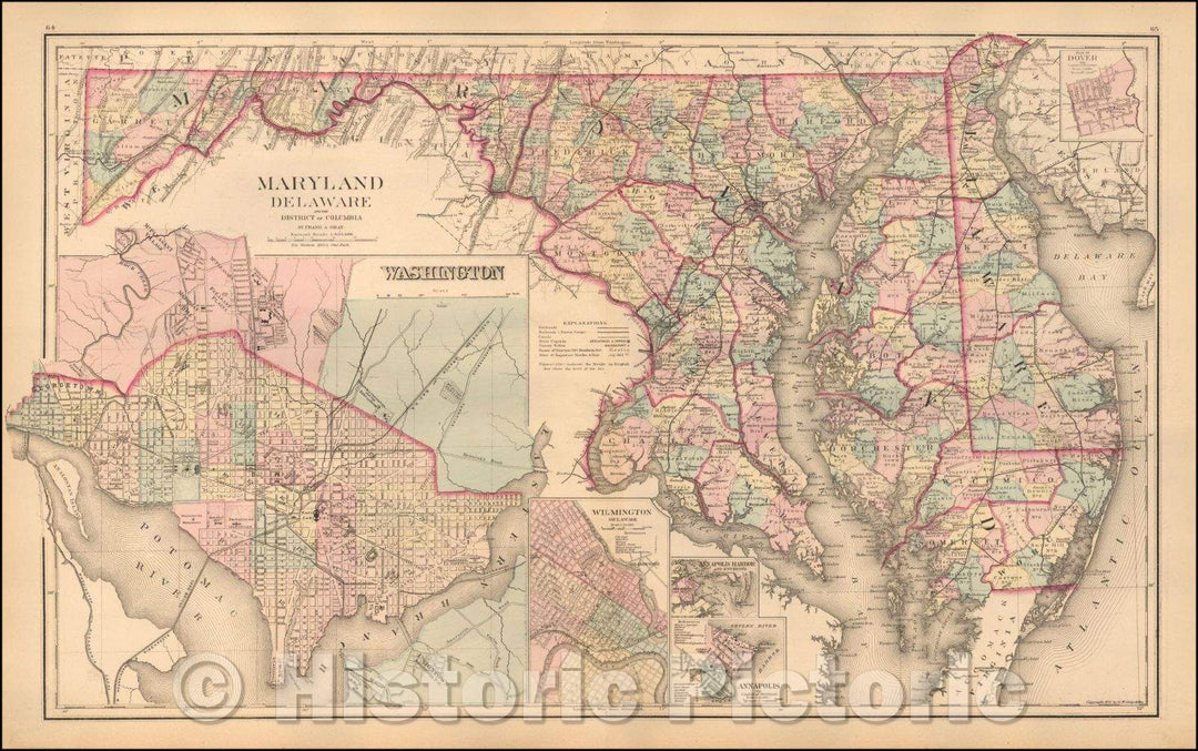 Historic Map - Maryland & Delaware and the District of Columbia [large Washington inset], 1876, Frank A. Gray - Vintage Wall Art