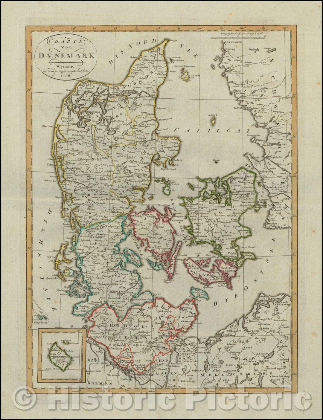 Historic Map - Charte von Daenemark/Map of Denmark, published in Weimar in 1806, 1806, Weimar Geographische Institut - Vintage Wall Art