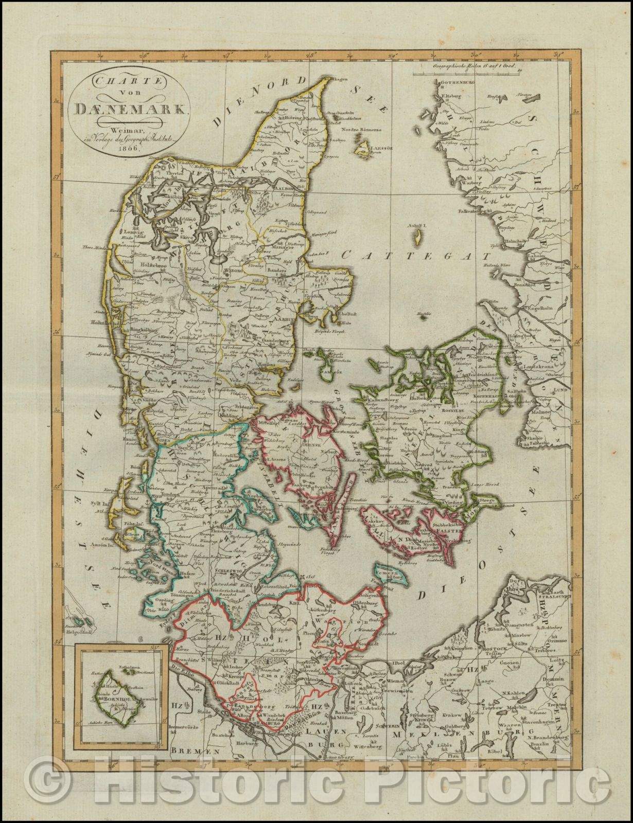 Historic Map - Charte von Daenemark/Map of Denmark, published in Weimar in 1806, 1806, Weimar Geographische Institut - Vintage Wall Art