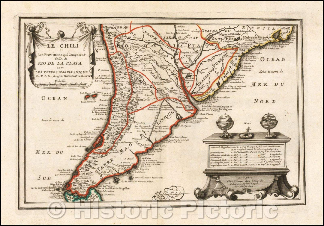 Historic Map - Le Chili et Les Provinces qui Composent Celle de Rio De La Plata/Map of the South America, Straits of Magellan, the Rio de La Plata, 1702 - Vintage Wall Art