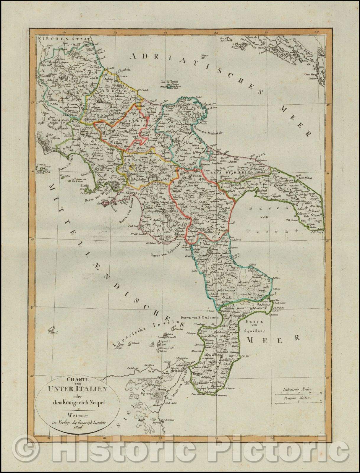 Historic Map - Charte von Unter Italiaen / 19th Century Map of Southern Italy, 1806, Weimar Geographische Institut - Vintage Wall Art