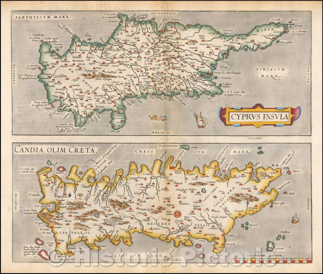 Historic Map - Cyprus Insula with Candia, Olim Creta, 1573, Abraham Ortelius - Vintage Wall Art