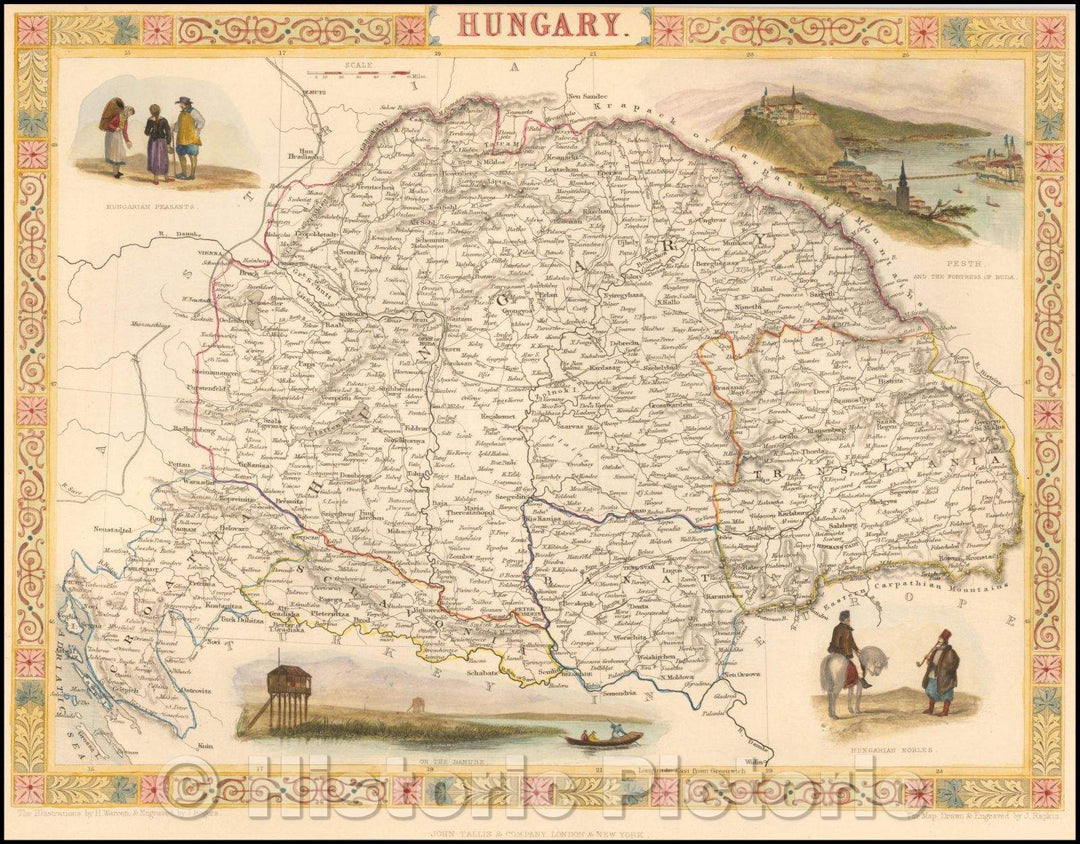 Historic Map - Hungary, 1851, John Tallis - Vintage Wall Art