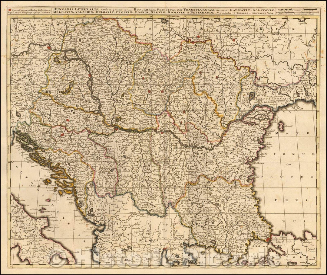 Historic Map - Hungaria Generalis, divisa in proprie dictam Hungarium/Map of Hungary and the countries along the Eastern Adriatic to the Black Sea, 1700 - Vintage Wall Art