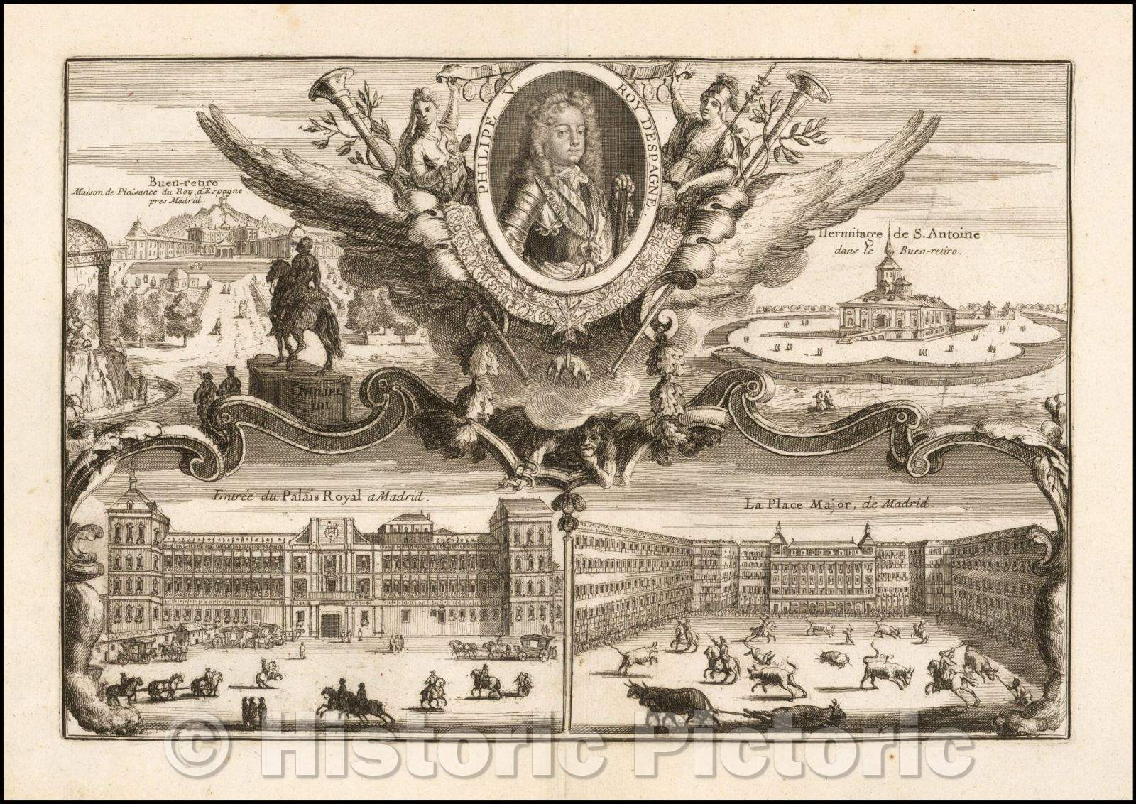 Historic Map - Philipe V with decorative views of Buen-retiro, Hermitage de S. Antoine, Entree du Palais Royal a Madrid and La Place Major de Madrid, 1702 v2