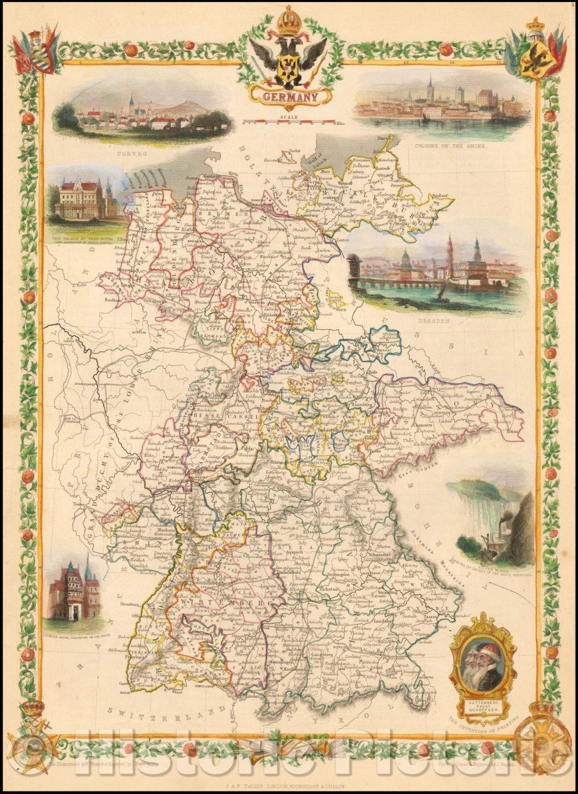 Historic Map - Germany, 1851, John Tallis - Vintage Wall Art