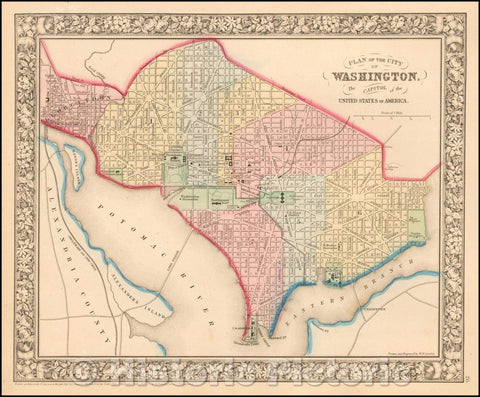 Historic Map - Plan of the City of Washington. The Capitol of the United States of America, 1865, Samuel Augustus Mitchell Jr. - Vintage Wall Art