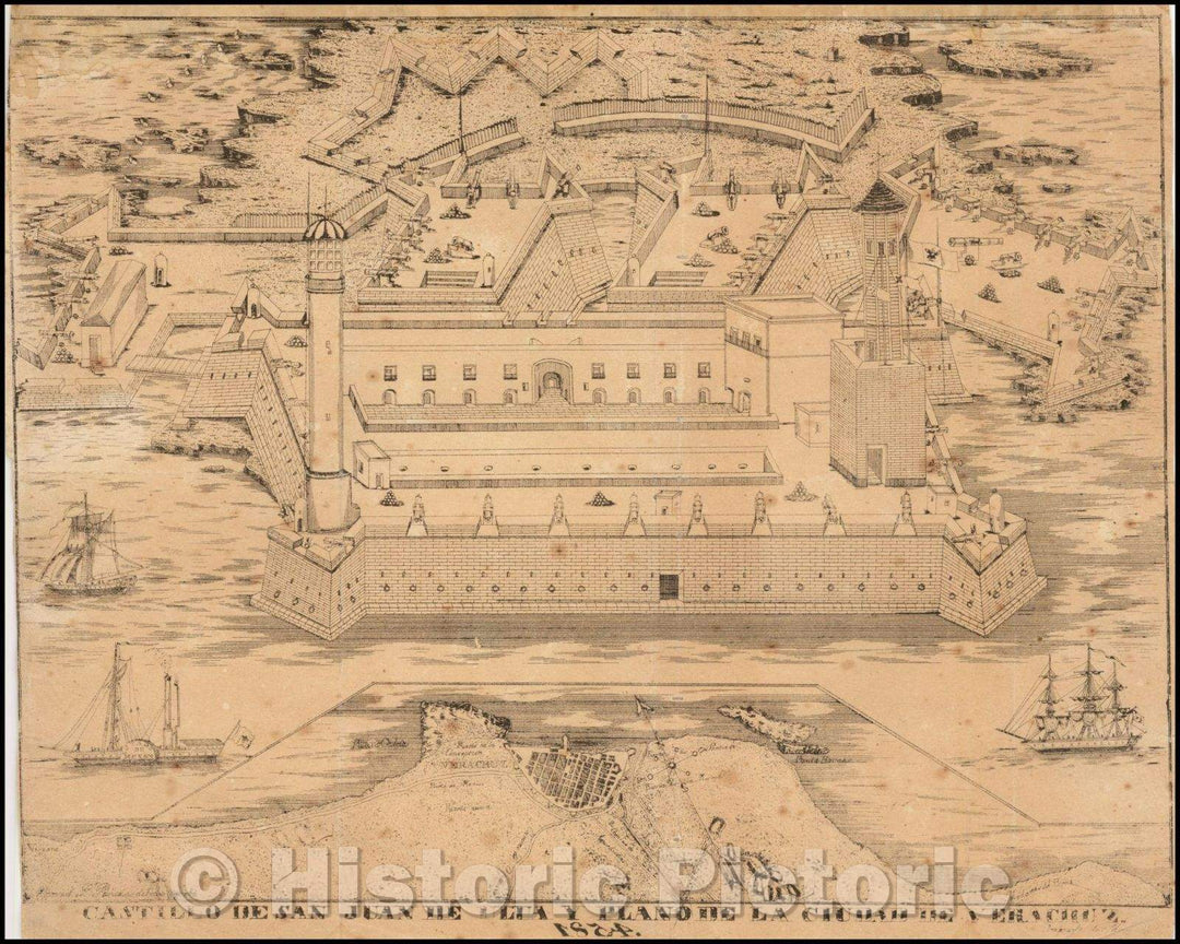 Historic Map - Castillo de San Juan de Ulua y Plano de La Ciudad De Veracruz/City of Veracruz and Castle of San Juan de Ulua, Mexico City circa 1854, 1854 - Vintage Wall Art