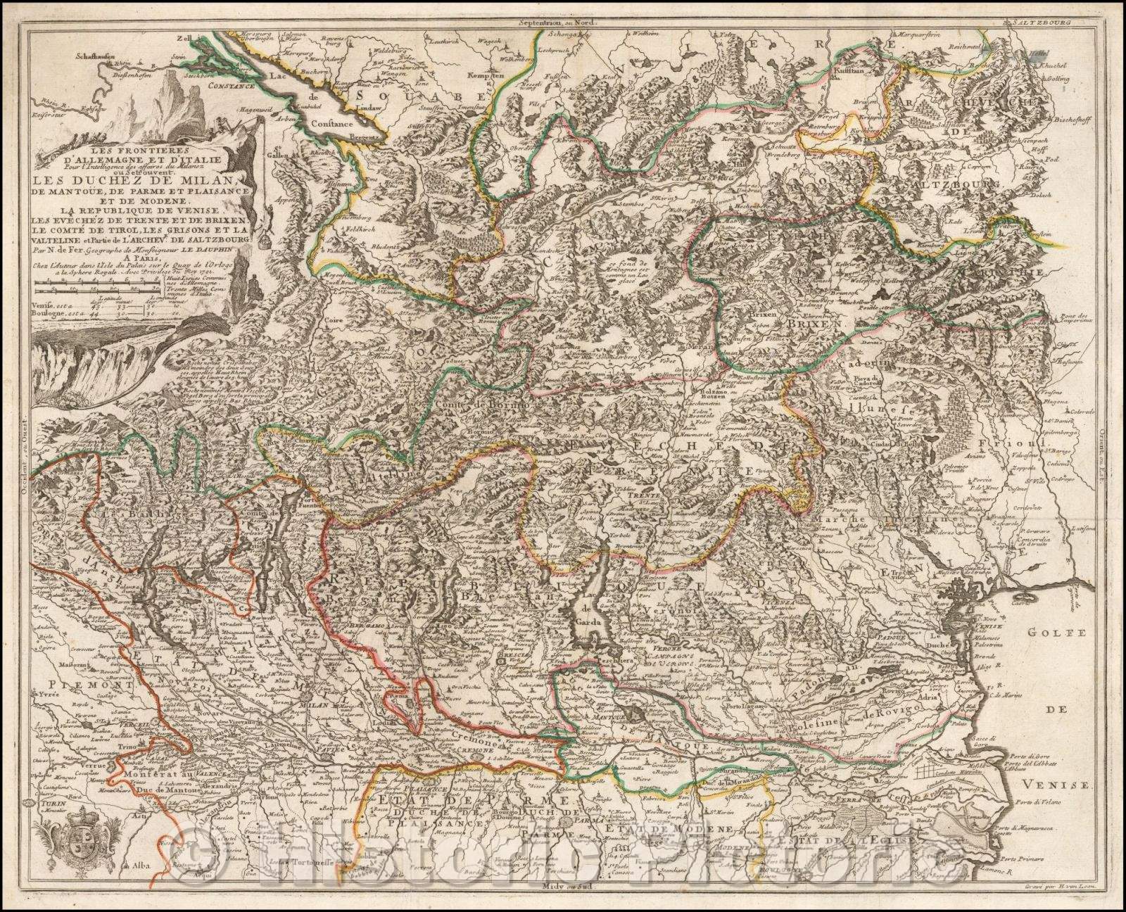 Historic Map - Les Frontieres D'Allemagne et D'Italie Pour L'Intelligence des aff :: Theater of War in Northern Italy, published in 1702 by Nicolas De Fer, 1701 - Vintage Wall Art