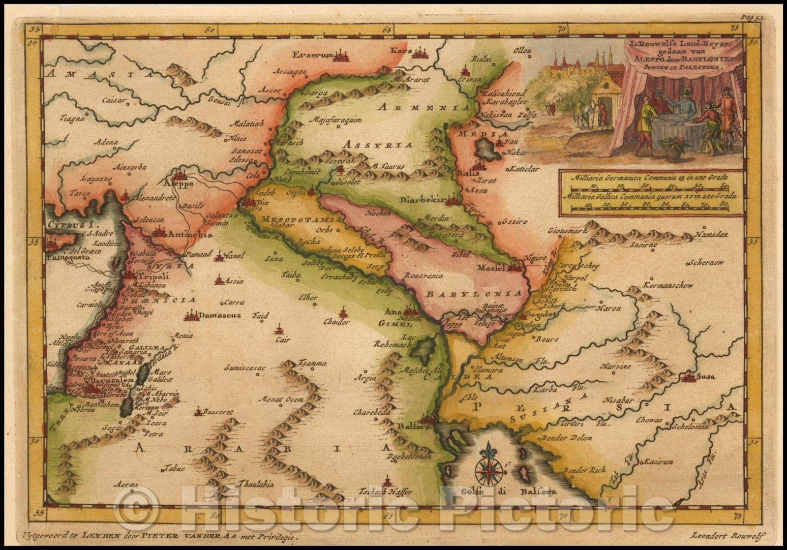 Historic Map - L. Rouwolfs Land-Reyse, gedaan van Aleppo door Babylonien Syrien en Palestina :: Leendert Rouwolf's route from Cyprus to Babylonia, 1706 - Vintage Wall Art