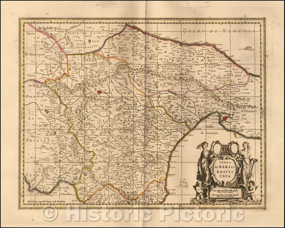 Historic Map - Terra Di Bari Et Basilicata/Jansson''s Map of the the Territory of Bari in Southern Italy, 1690, Gerard Valk - Vintage Wall Art