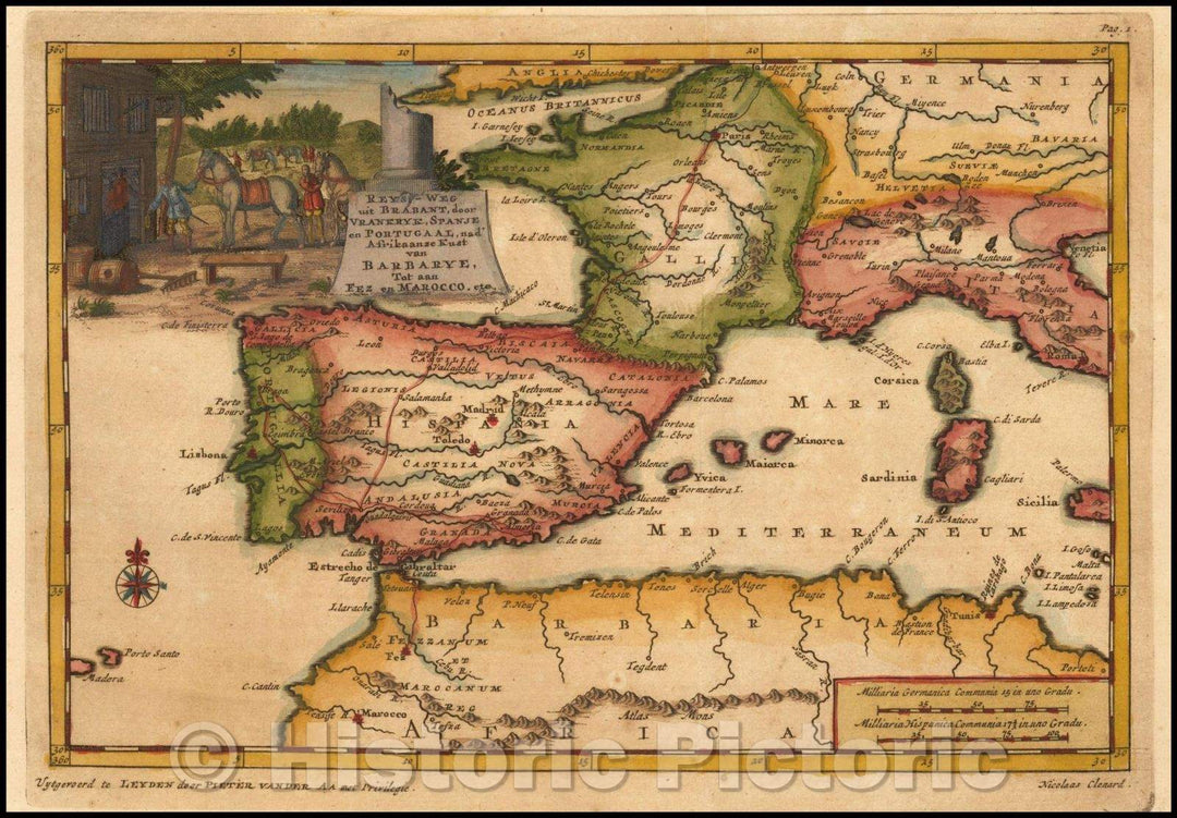 Historic Map - Reys-Weg uit Brabant door Vrankeryk, Spanje en Portugaal, nad Afrikaanse/Map of Spain, France,Western Mediterranean, 1707, Pieter van der Aa - Vintage Wall Art