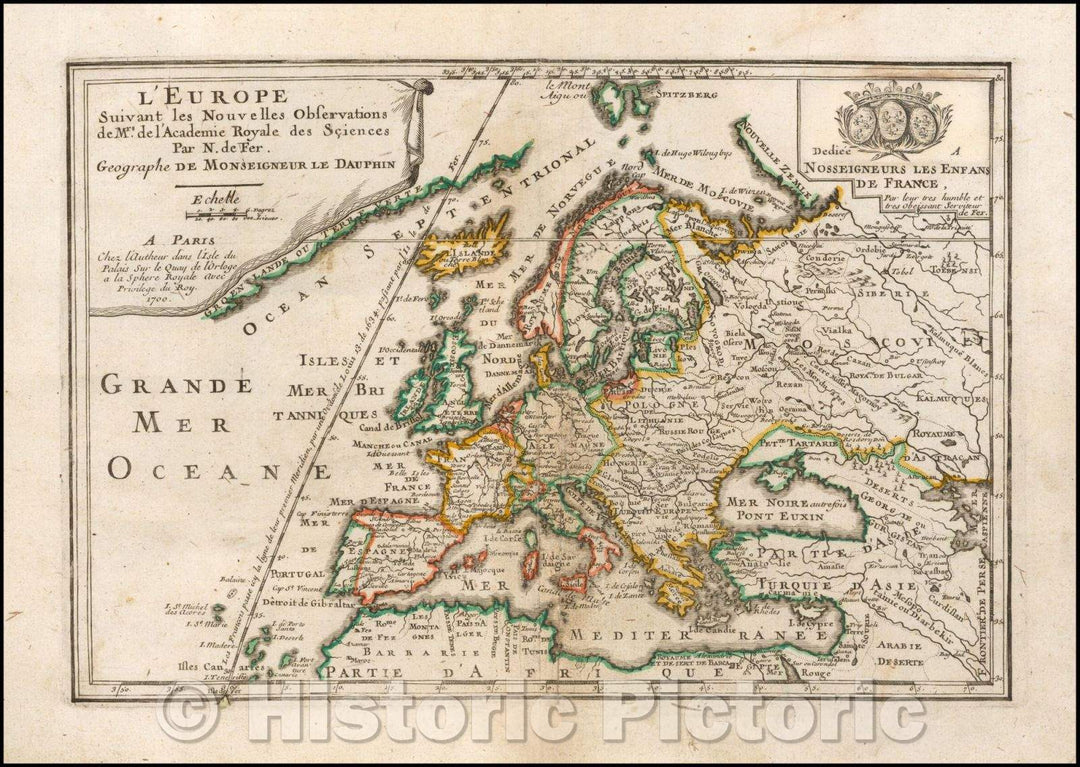 Historic Map - L'Europe Suivant les Nouvelles Observations, 1700, Nicolas de Fer - Vintage Wall Art