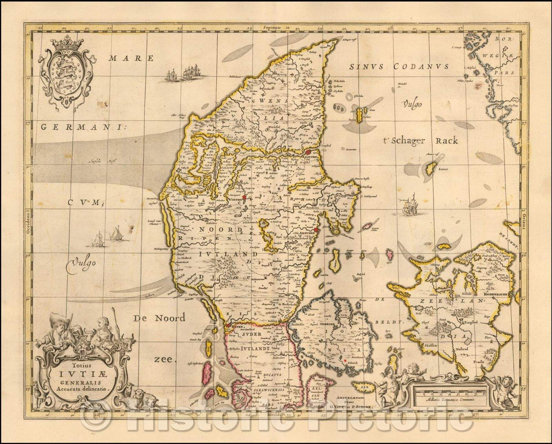 Historic Map - Totius Iutiae Generalis Accurata Delineatio/North Jutland exactly Brazil, 1690, Peter Schenk - Vintage Wall Art